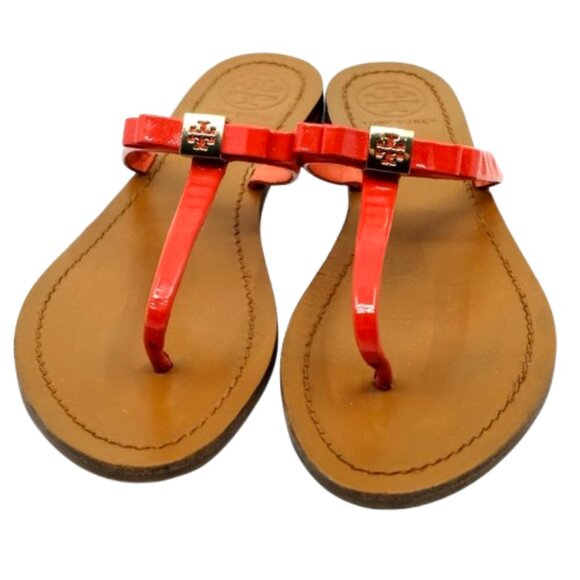 TORY BURCH~Leighanne Bow~POPPY RED LEATHER THONG SANDAL FLIP FLOP SHOES Size 8 - Picture 2 of 6